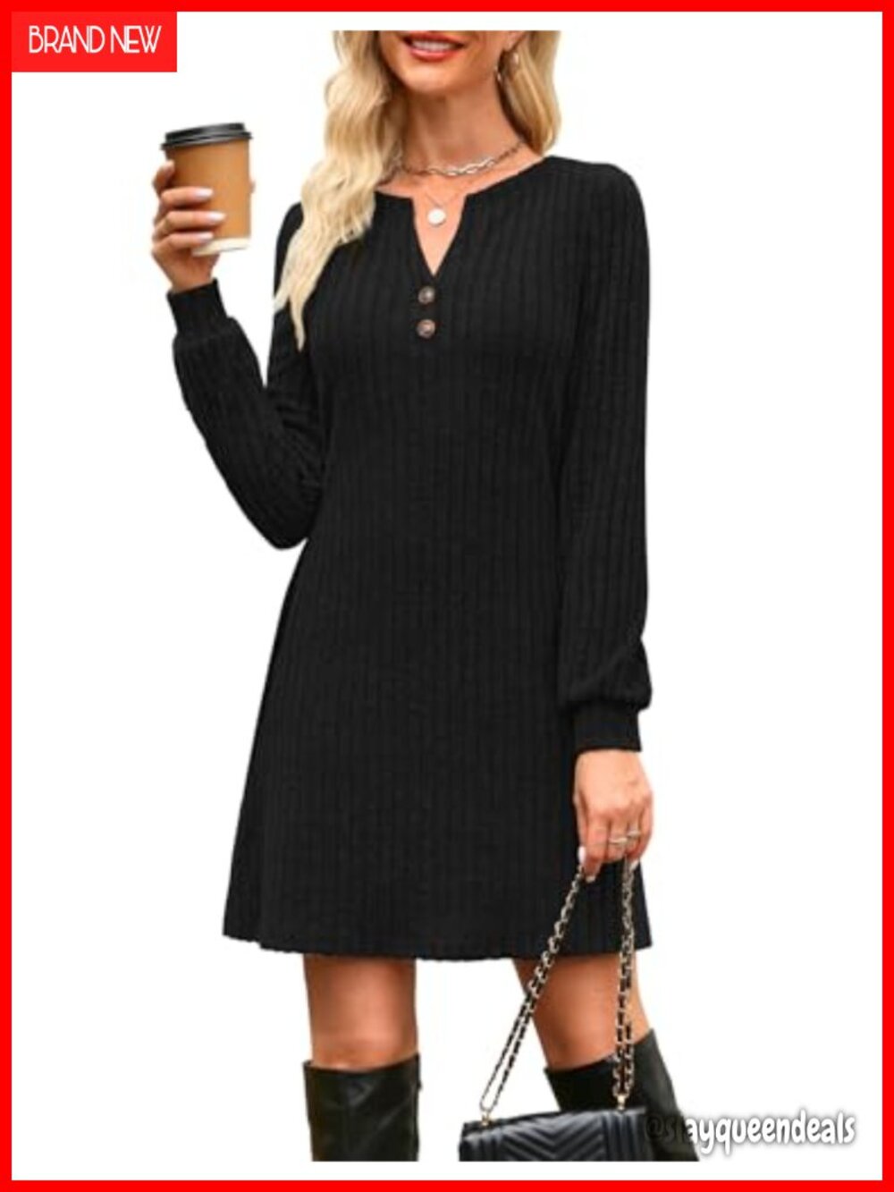 Women's Long Sleeve Mini Sweater Dress V-Neck Ribbed Knit A-Line